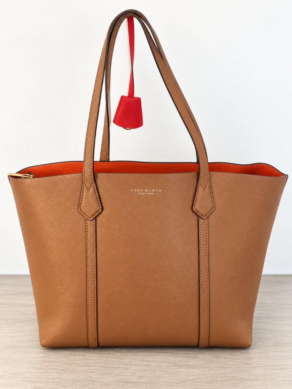 Tory Burch Large Brown Leather Tote Shoulder Bag Gold Logo Charm